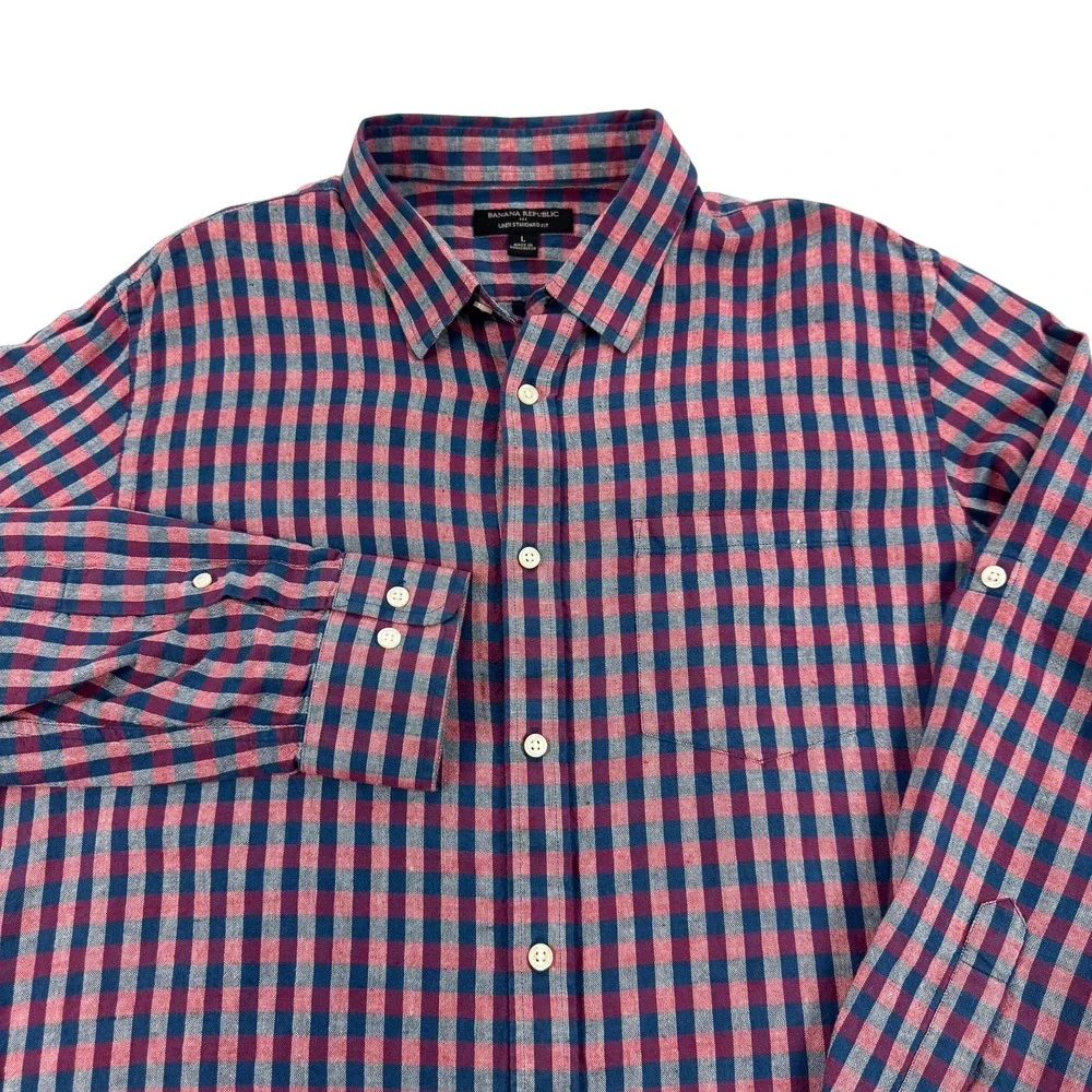 Banana Republic Linen Shirt Mens Large Blue Red Check Standard Fit Button Down
